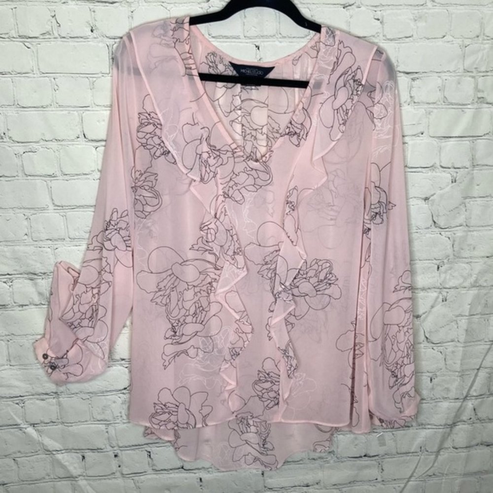Michel Studio pink frilly long sleeve sheer blouse